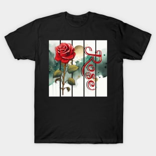 vintage rose with intricate text, watercolor art in the background T-Shirt